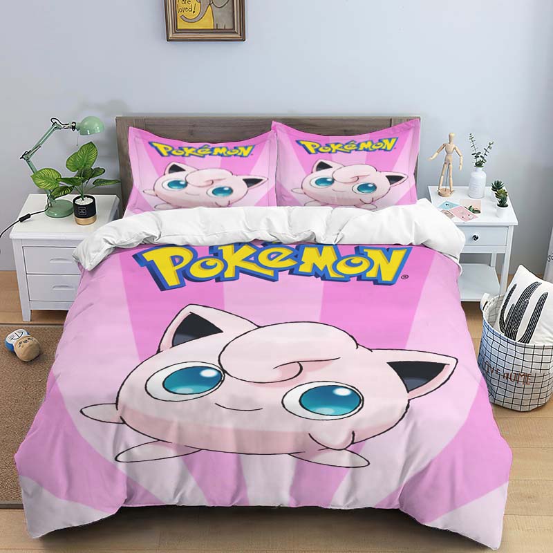 New Pokémon Jigglypuff print three-piece bedding set, including 1 duvet cover and 2 pillowcases, suitable for adults and childre
