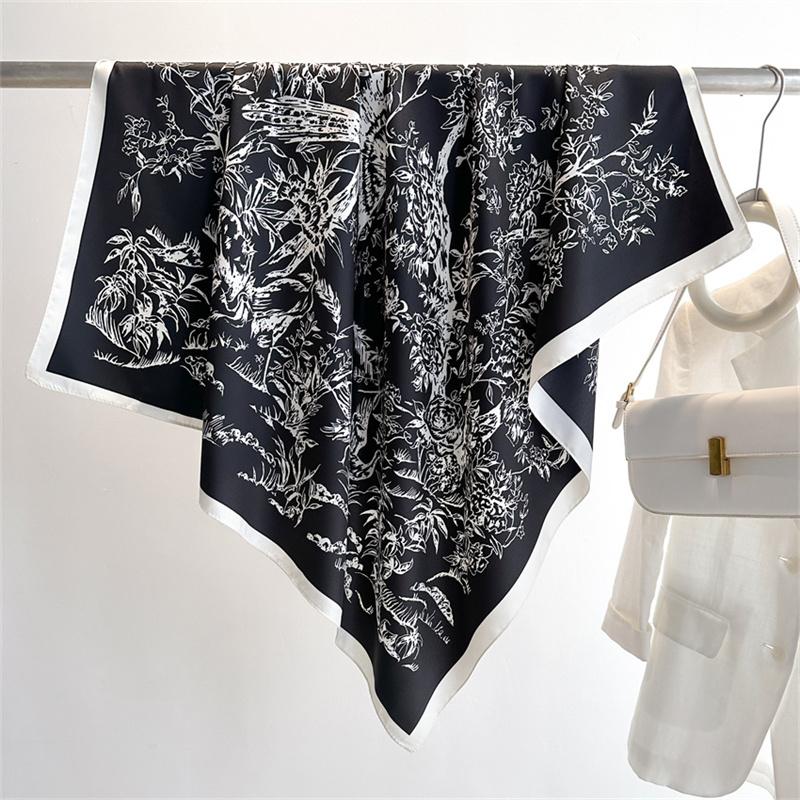 Ink Painting Silk Scarf 90cm Twill Scarves Large Square Sunscreen Shawl Headscarf for Women Hijab Luxury Bufanda Foulard