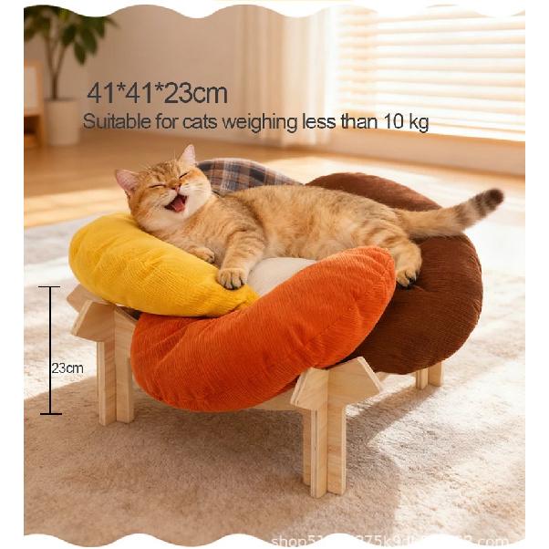 Summer Solid Wood Cat Bed: Raised Off the Ground to Prevent Moisture, Two-Tone Plush, Scratch-Resistant Pet Product