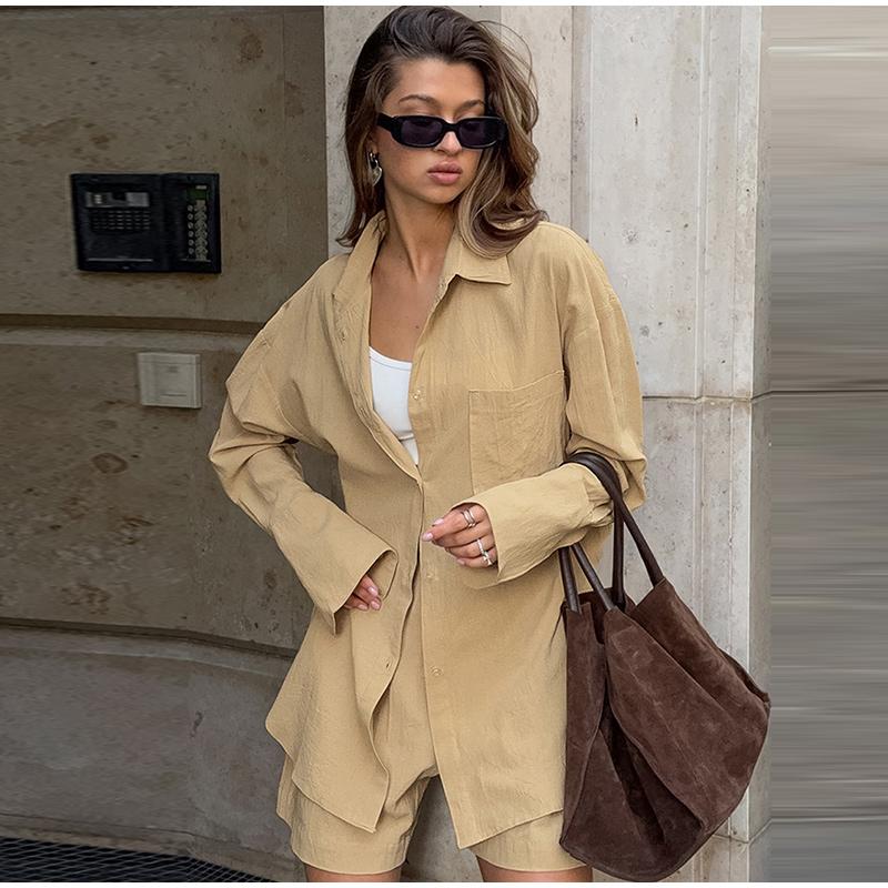 Повседневный комплект с шортами для женщин, весна-лето, лацканы, пуговицы, карманы, блузки, длинные рукава, эластичный пояс, брюки, комплекты, женский однотонный женский костюм