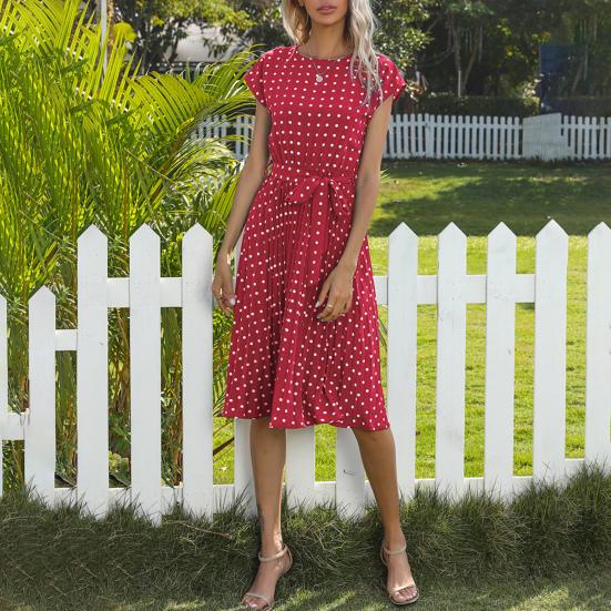 Women Polka Dot Print Midi Dress Crewneck Short Sleeve A-line Dress with Belt Summer Beach Swing Sundress