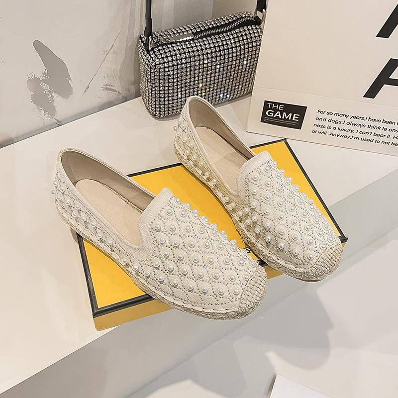 Fashion Women Crystal Pearl Flats Handmade Shoes Hemp Espadrilles Femmes Rubber Loafers Fisherman Trendy Moccasins Oxford Sneakers Woman