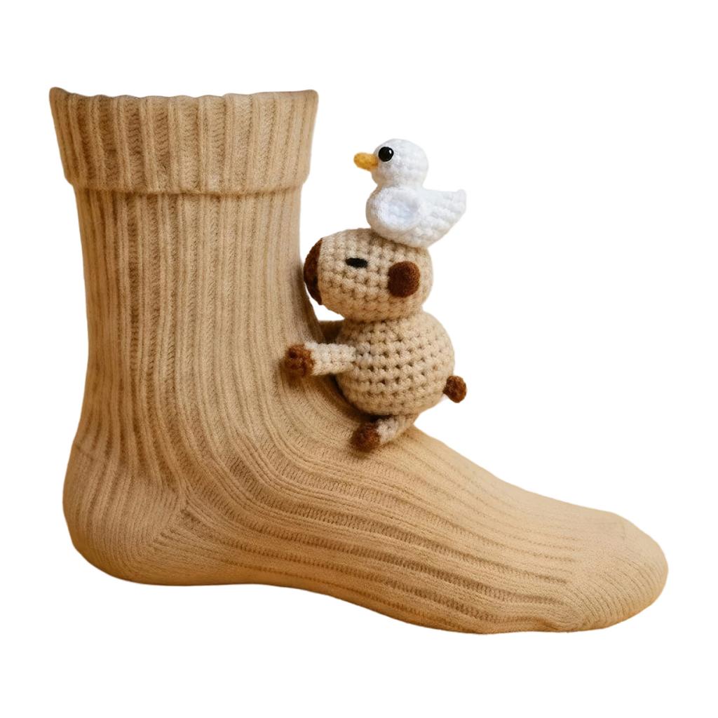 1 Pair Cute Christmas Socks Crochet Animal Socks Breathable 3D Knit Warm Socks Moisture Wicking Double-Layer Cotton Socks Gifts