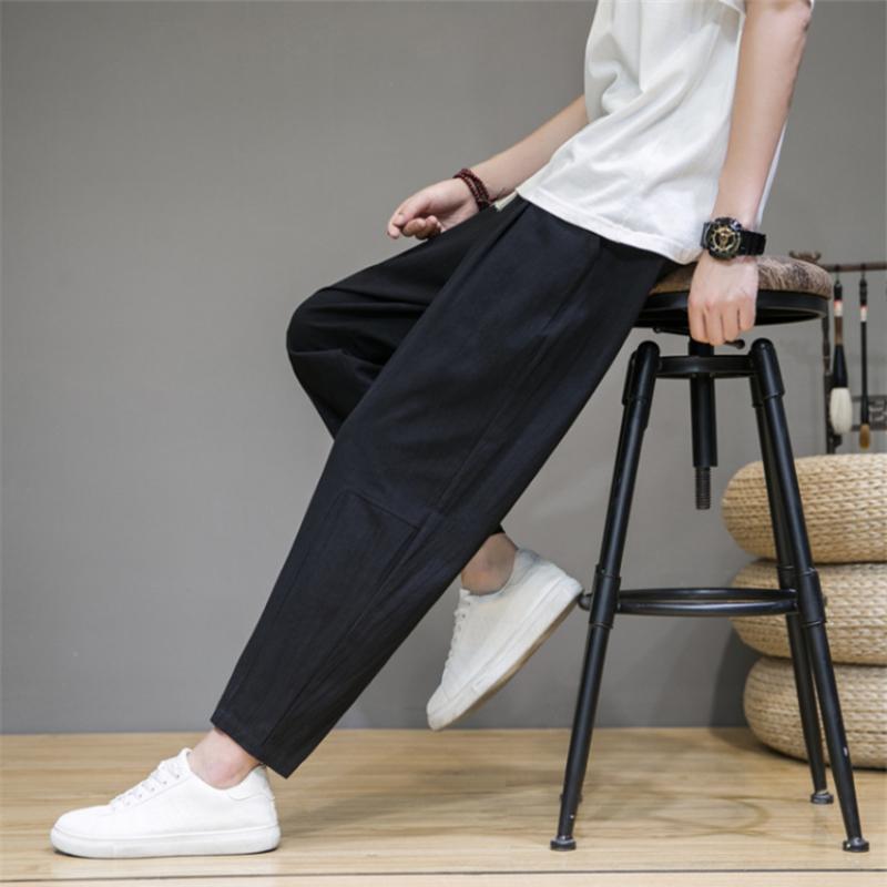 Весенние мужские однотонные свободные брюки из хлопка и льна в китайском стиле с девятью точками, модные повседневные спортивные брюки