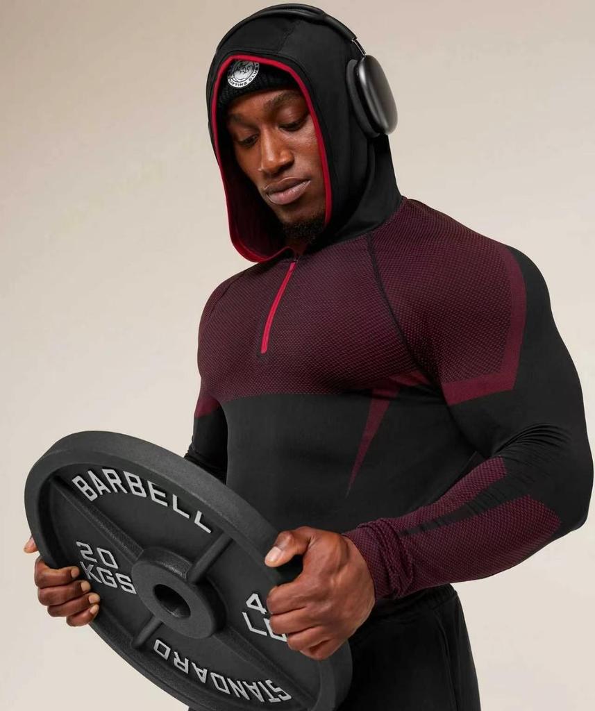 Мужская фитнес-футболка с длинным рукавом и капюшоном GYMSHARK Onyx с высокой эластичностью