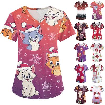 Женская мода с v-образным вырезом, короткими рукавами и карманами, топы с рождественским принтом