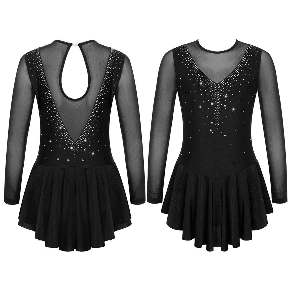 Kids Girls Stylish Dress Long Sleeve Sparkly Rhinestone Patchwork Style Gymnastics Leotard Dress Dancewear