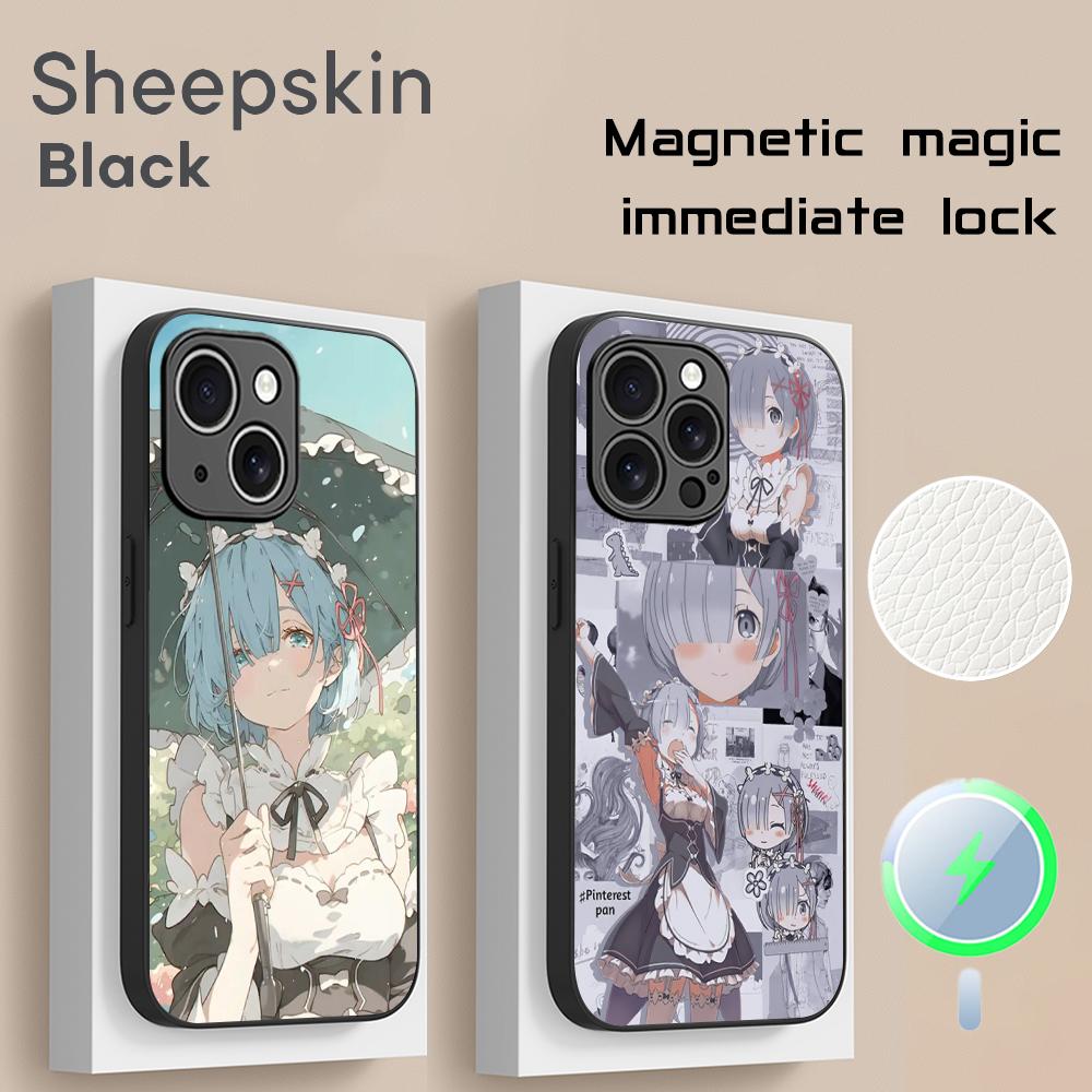 Re zero милая девушка классический аниме-узор Чехол для телефона Для iPhone 17 16 15 14 13 12 Plus Pro Max Высококачественный Роскошный Magsafe Овчина