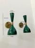 Mid Century Modern Brass Wall Sconce: Green Diabolo Lamp, Pair