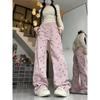 Pink Design Sense Bear Print Straight Leg Jeans Women Autumn Small Tall Waist Loose Slim Wide Leg Pants Trend