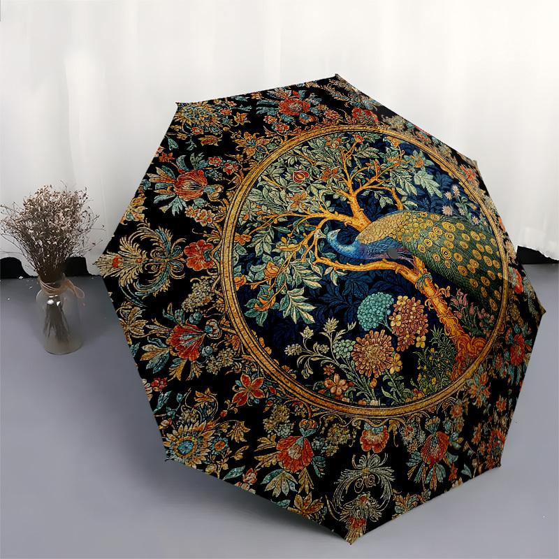Peacock, FloralThemed Automatic Opening and Closing Umbrella 8 Ribs, Suitable for Leisure and Going Out, Outdoor Accessory, Gothic Style,