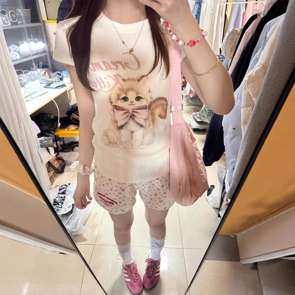 American Sweet Spice Girl Cat Feifei Sleeve Short Sleeve T-Shirt Women's Summer New Slim Skinny Versatile Top