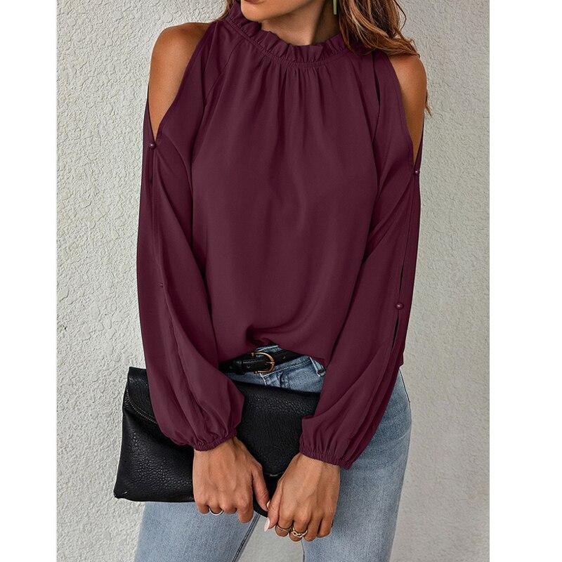 Long Sleeve Women Chiffon Blouse Off Shoulder Stand Collar Fashion Green Lady Tops Ruffle Casual Shirts Womens Clothing 24406