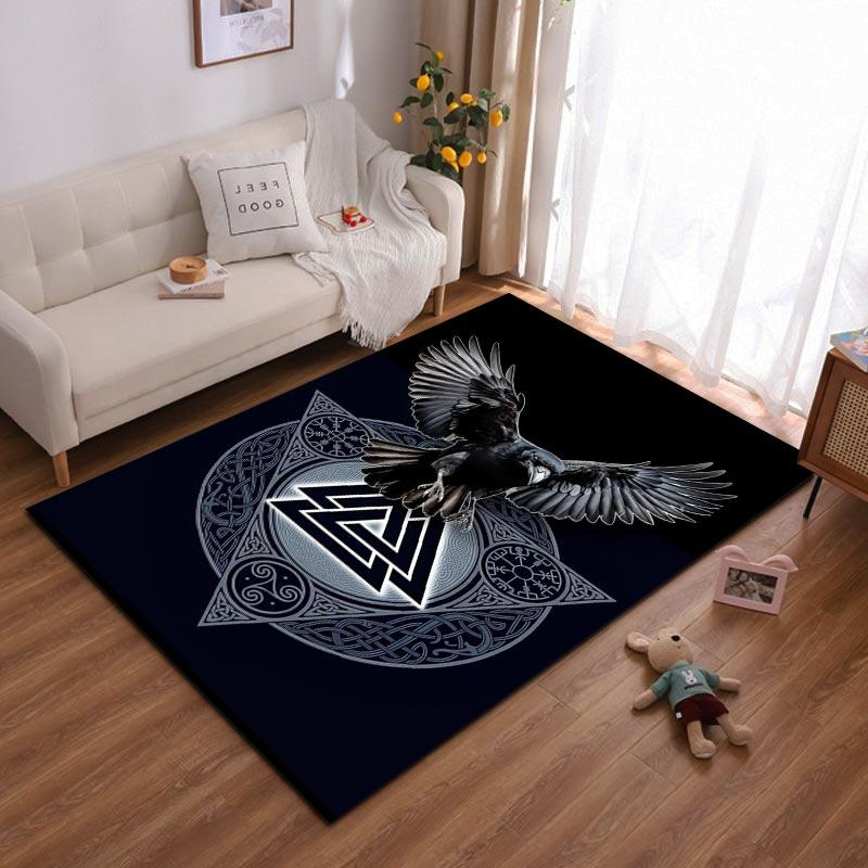 Nordic Raven Carpet with Valknut Symbol and Tribal Patterns Design Suitable for use as an anti-slip for living room bedroom sofas