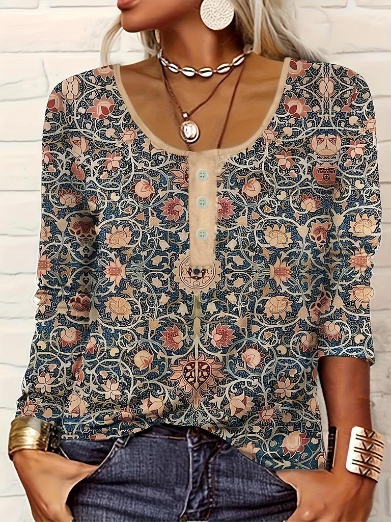 2025 Женская футболка с V-образным вырезом, этническим принтом, на пуговицах, большого размера, повседневная