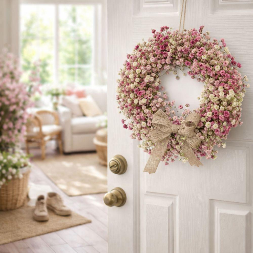 Round Shape Colorful Eucalyptus Wreath with Bow Vivid Colors Spring Flower Wreath Handmade Lifelike Front Gate Wreath Front Door