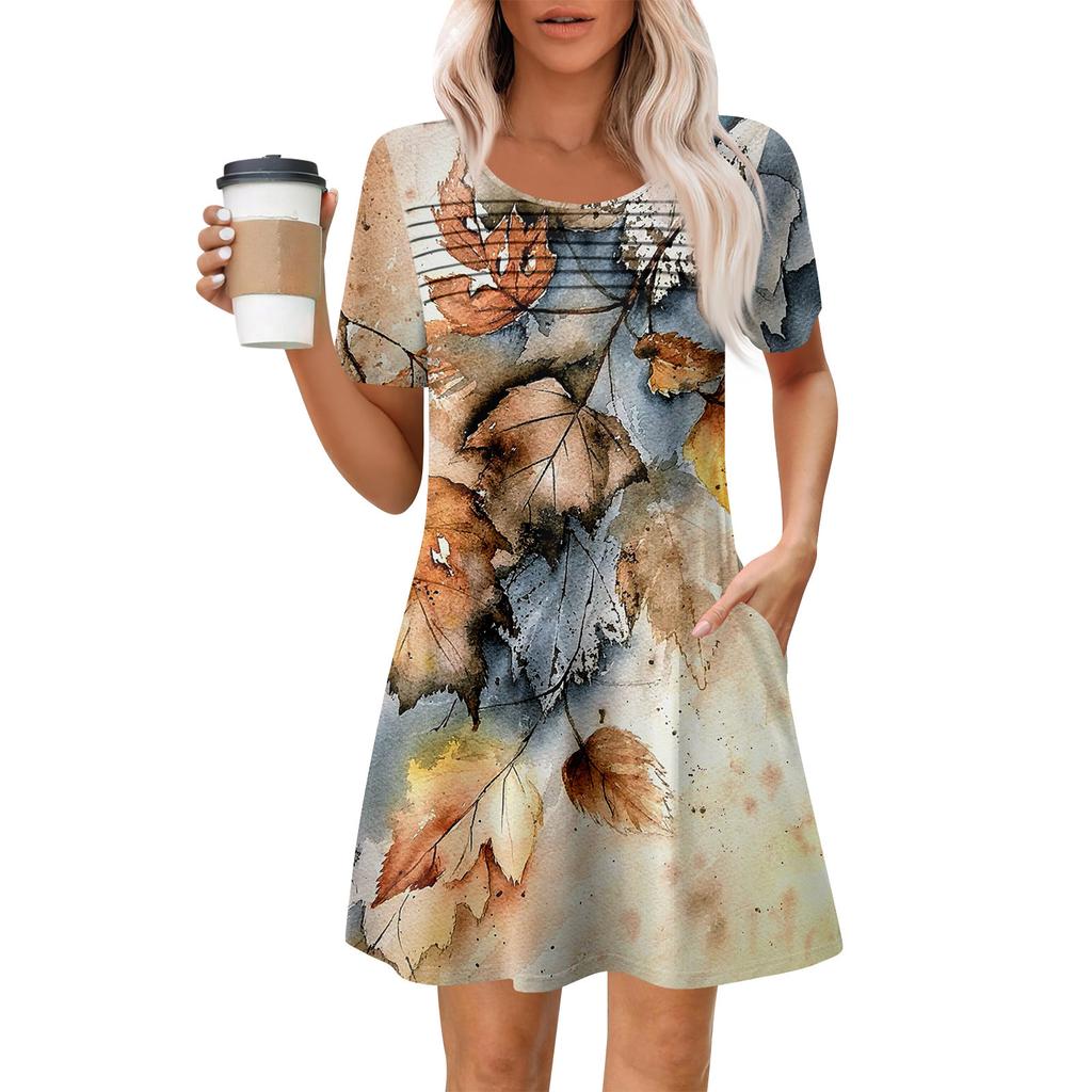 Женские летние повседневные платья с круглым вырезом, плиссированные, с карманами, с принтом, с коротким рукавом