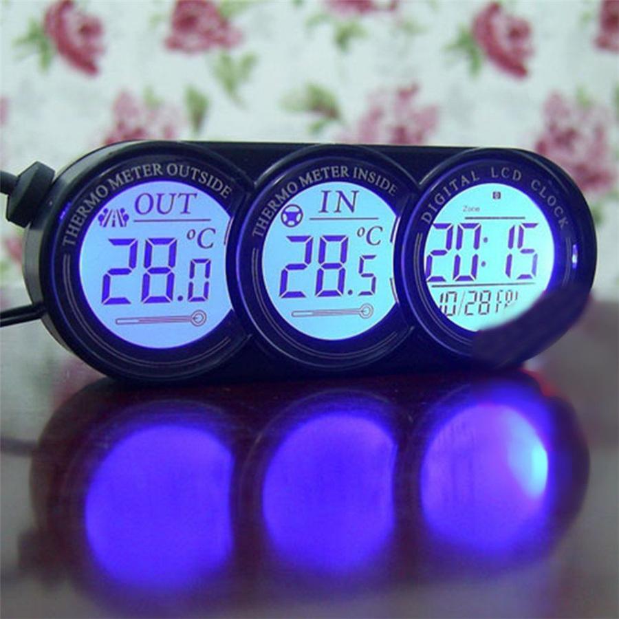 Car In/Outdoor Thermometer & Clock Digital LCD Display Orange/Blue LED Backlight