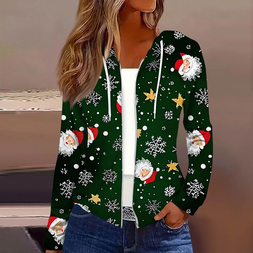 Women's Fashion Christmas Print Casual Zip-Up Long-Sleeved Hooded Jacket