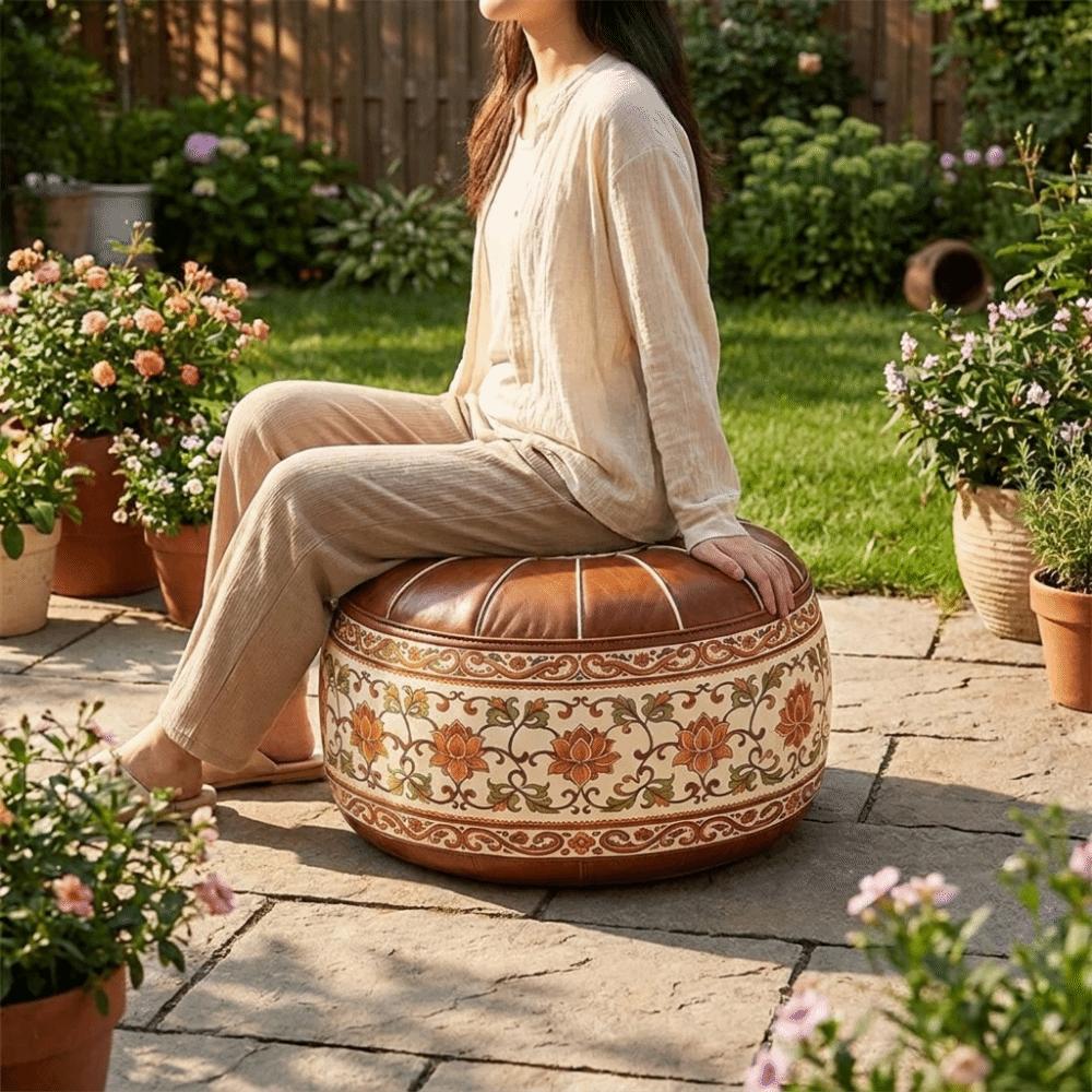 PU Leather Lotus Print Seat Cushion Cover Unstuffed Round Footstool Cover for Living Room