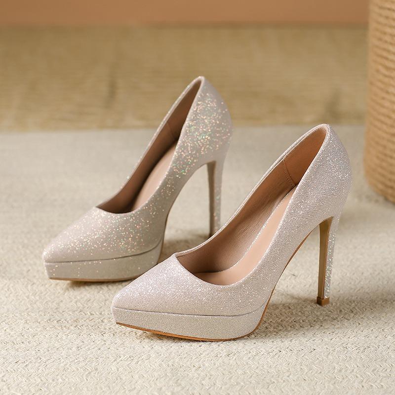 Летние туфли на высоком каблуке с золотыми блестками, узкие каблуки, водонепроницаемая платформа, туфли с острым носком для женщин весной