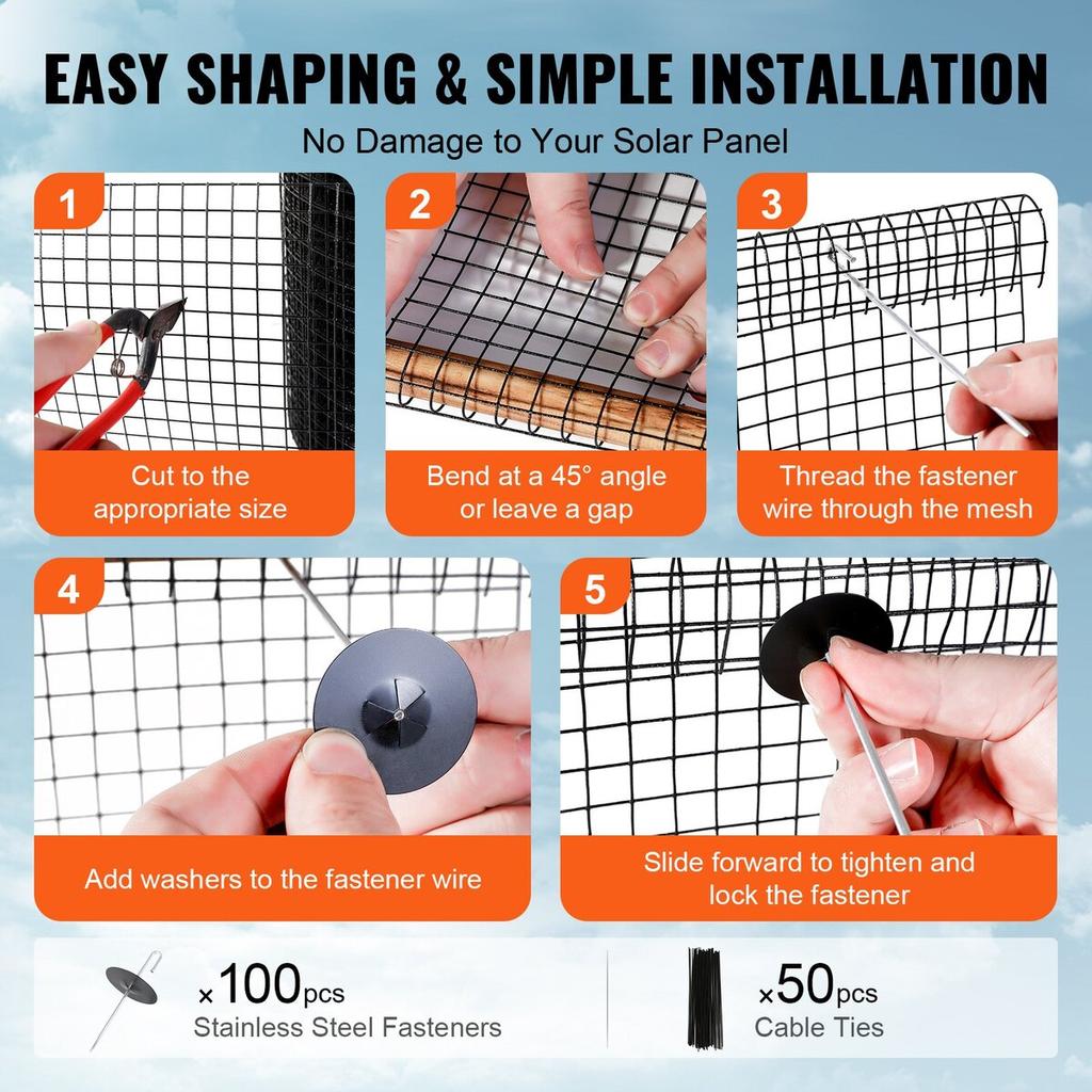 20 x 3048 cm Solar Panel Bird Guard, Critter Guard Roll Kit with 100pcs Aluminum Alloy Fasteners, Solar Panel Guard with Rust-proof PVC Coating, 12.7