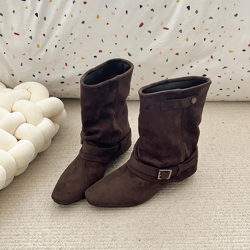 Зимний Дизайн Толстый Каблук Женские Морден Трубы Сапоги Мода Ремень Пряжка Слипоны Обувь Женская Мода Банкет Вечеринка Короткие Ботильоны