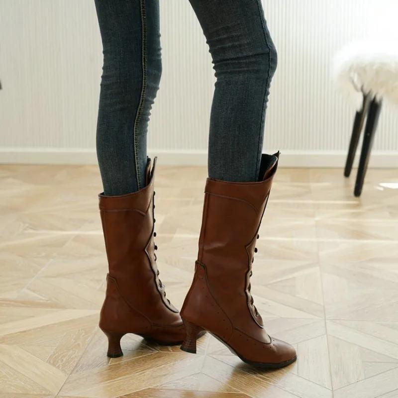 Абсолютно новые, большого размера 45, короткие каблуки, заостренный носок, шнурки, винтажные зимние туфли до середины икры, женские сапоги