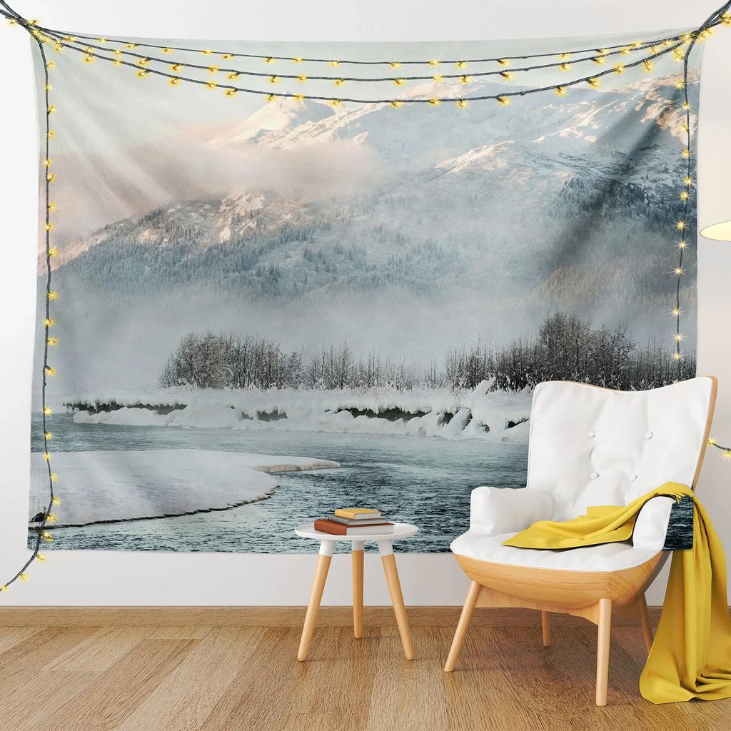 Зимний гобелен Лес Снежная сосна Гобелен Восход Природа Пейзаж Гобелен Настенный декор для спальни Гостиной Общежития