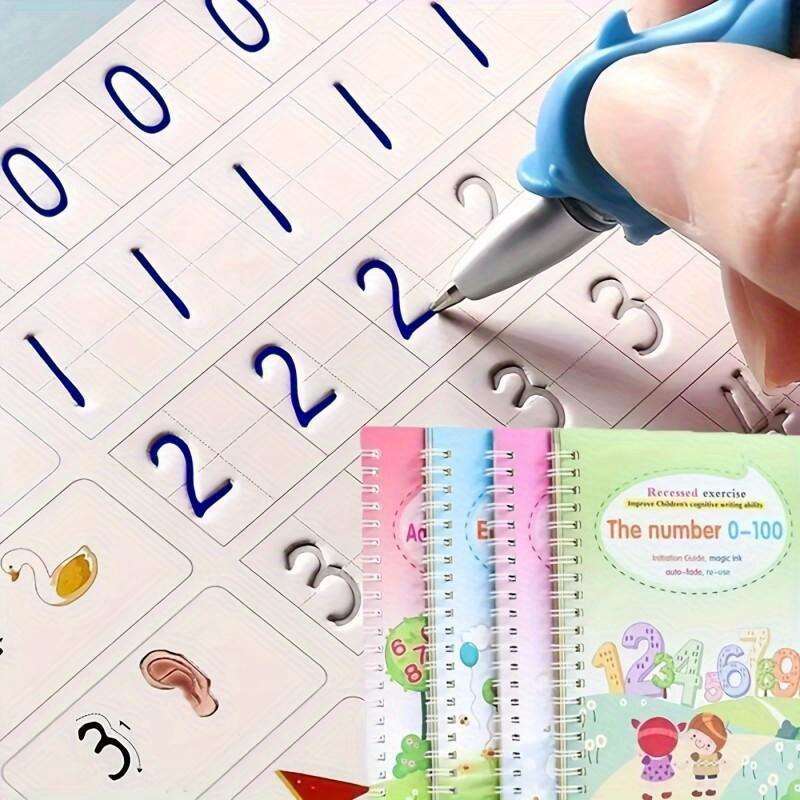 [Faddishdeal] Четыре волшебные прописи, Волшебные прописи каллиграфии, которые можно использовать повторно, Прописи для обводки (4 Книги + 1 Ручка + 8 Стержней)