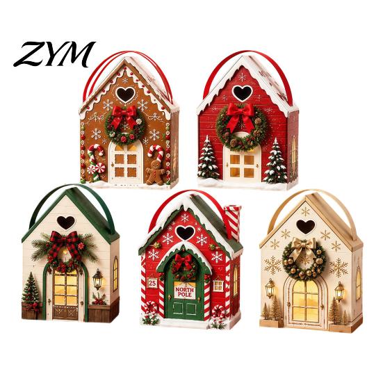 Christmas House Gift Holders Wonderland Cottage Box, Shaped Paper Treat Boxes, Holiday Festive Cabin Packaging Snack Holder with Handle for