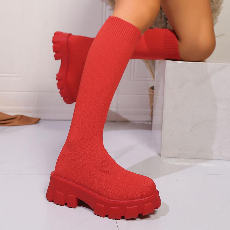 Spring Autumn Boots Women's Fashion Platform Wide Heels Knee-high Boots Knitted Fabrics Stretch Slip-on Socks Boots Casual Shoes