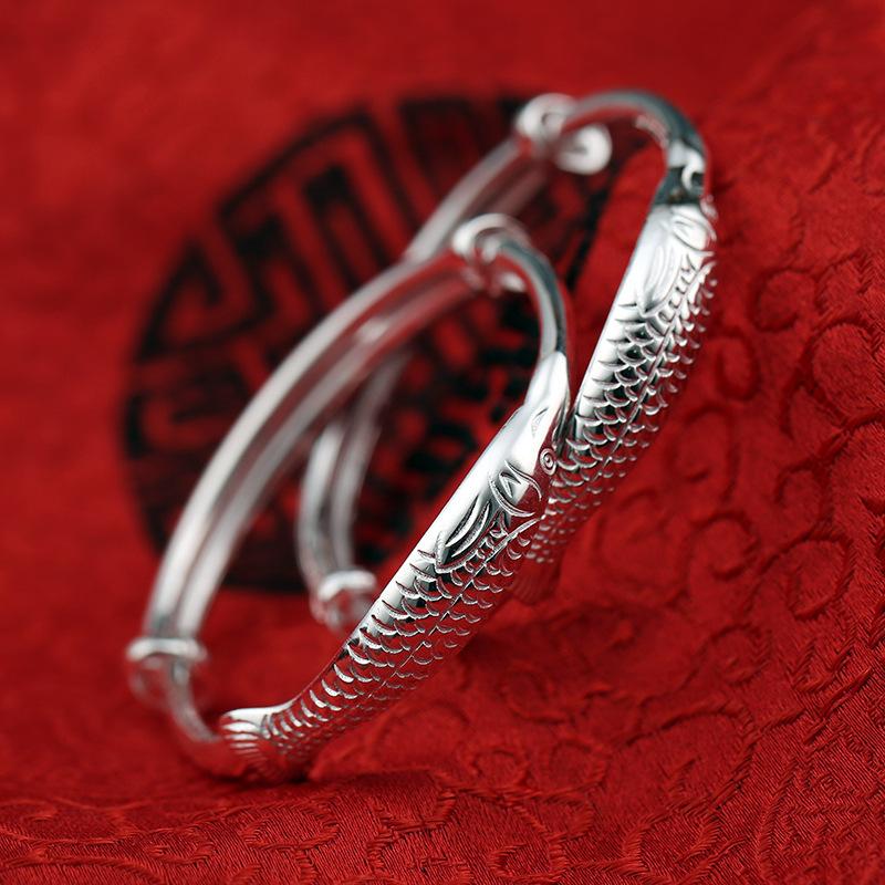 Pure Silver S999 Year Old Surplus Baby Bracelet, Children's Long Life and Wealth, Koi Carp