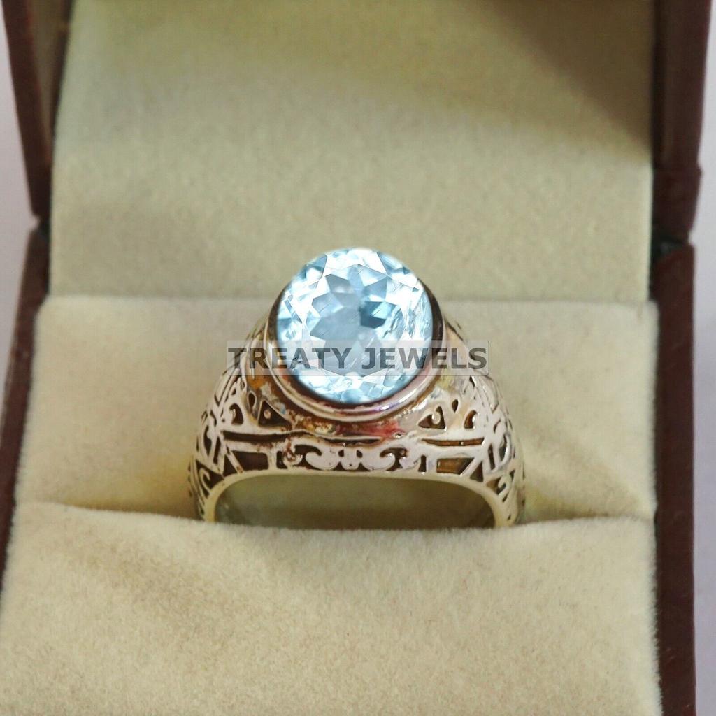 Aquamarine Oval Cut Gemstone With 925 Sterling Silver Ring For Men's #A732 JL375659031117