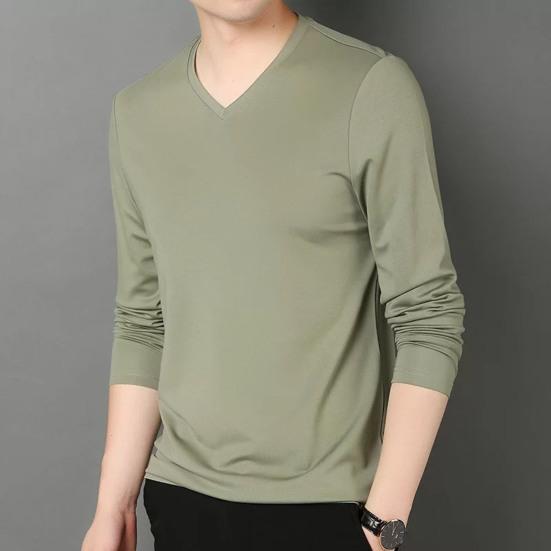 Men Fall Spring Top V Neck Long Sleeves Pure Color Slim Fit