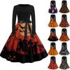 Women's Fashion Round Neck Casual Slim Fit Halloween Printed Long Sleeve Dress