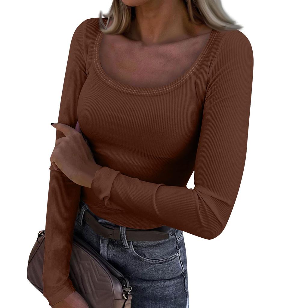 Women's  And Winter Slim Bottom T-shirt Fashion Casual Solid Color U Neck Pullover Long Sleeve Top