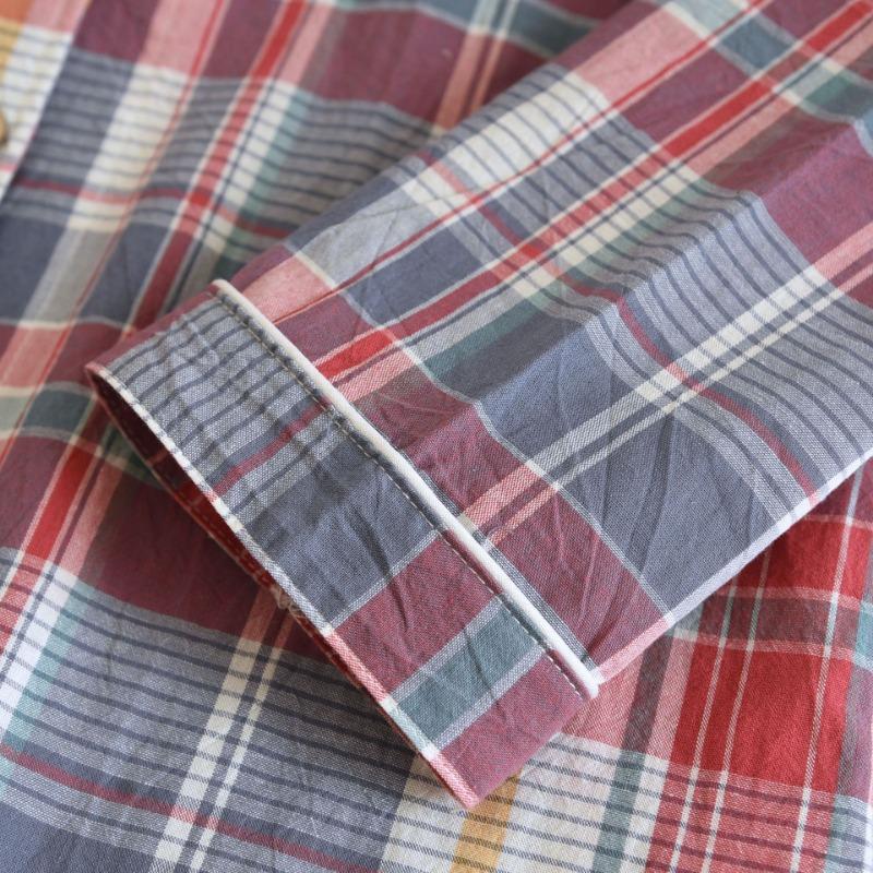 Весна / Осень Простая Пижама из стираного хлопка, женские брюки с длинными рукавами, домашняя одежда, свободный повседневный комплект из 2 предметов в клетку с лацканами