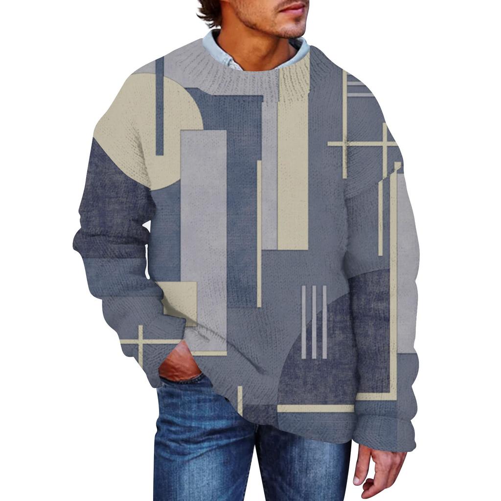 Men'S Printed Synthetic Sweater Round Neck Sportswear Loose Long Sleeved Top