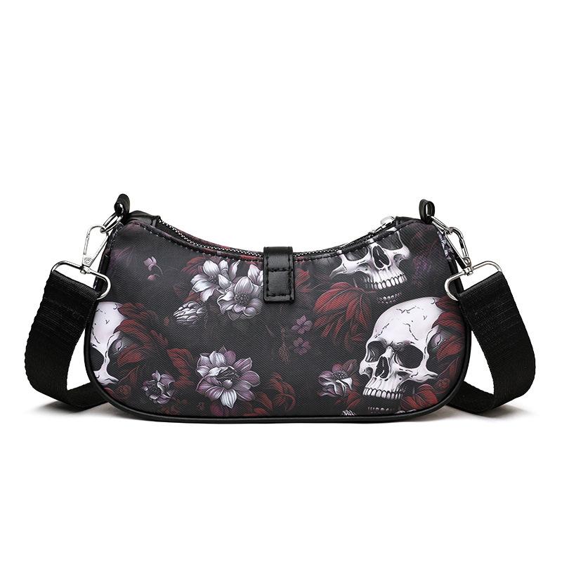 Шикарная сумка на плечо с черепом и цветочным принтом, готическая сумка в форме полумесяца, универсальный винтажный дизайн для Хэллоуина и не только