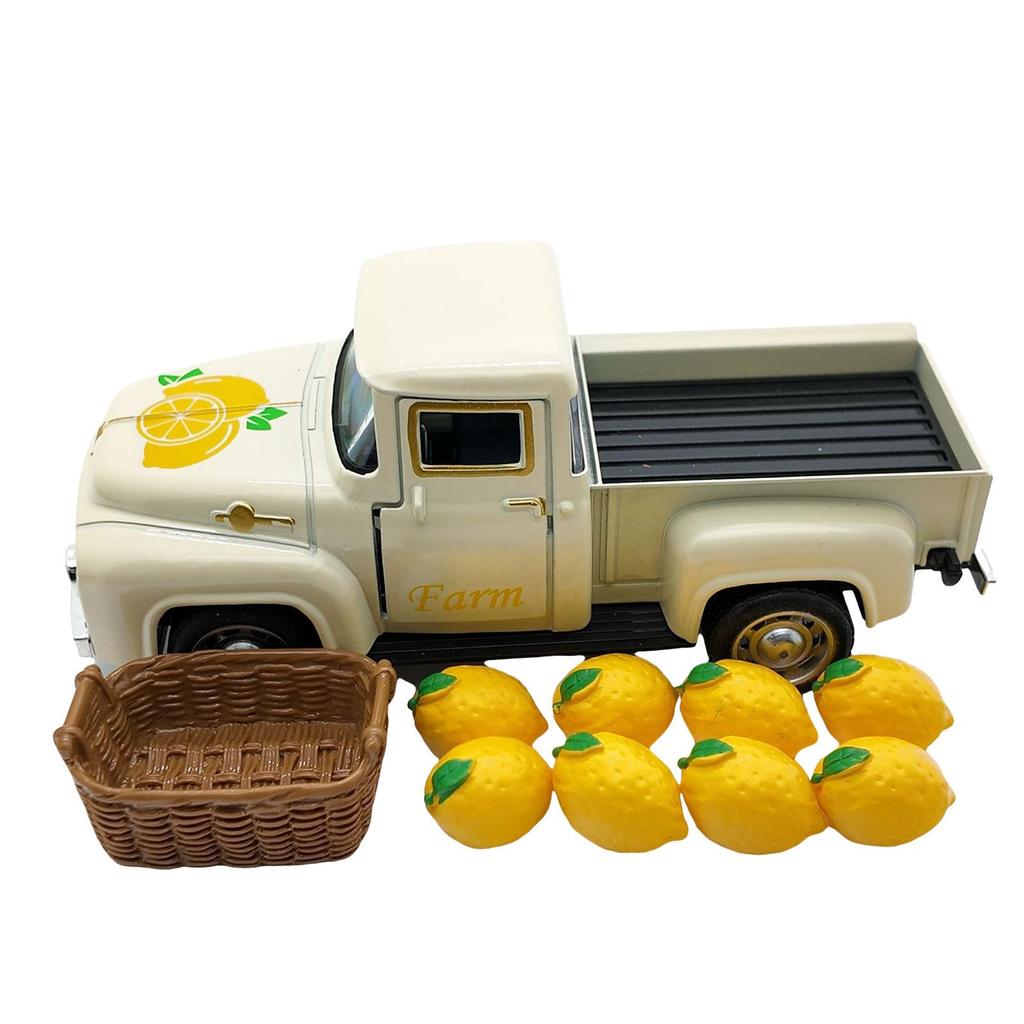 Vintage Alloy Lemon Truck Model with Mini Faux Lemons Summer Home Decors Miniature Vehicle Collectible Ornament Gift
