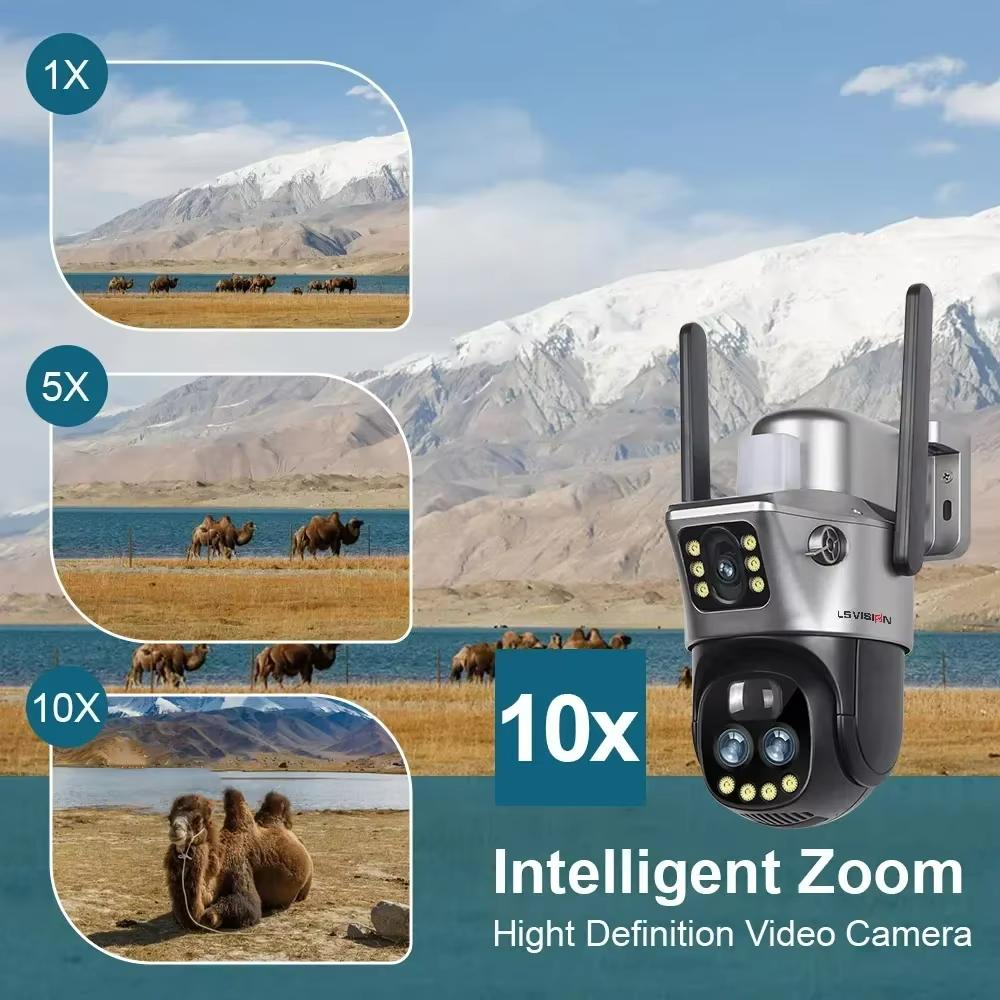 LS VISION 12МП Двухэкранная 4G Солнечная камера 10-кратный зум Уличная 6K WiFi Сигнализация красным и синим светом Автоматическое слежение Камера видеонаблюдения V380 Pro APP