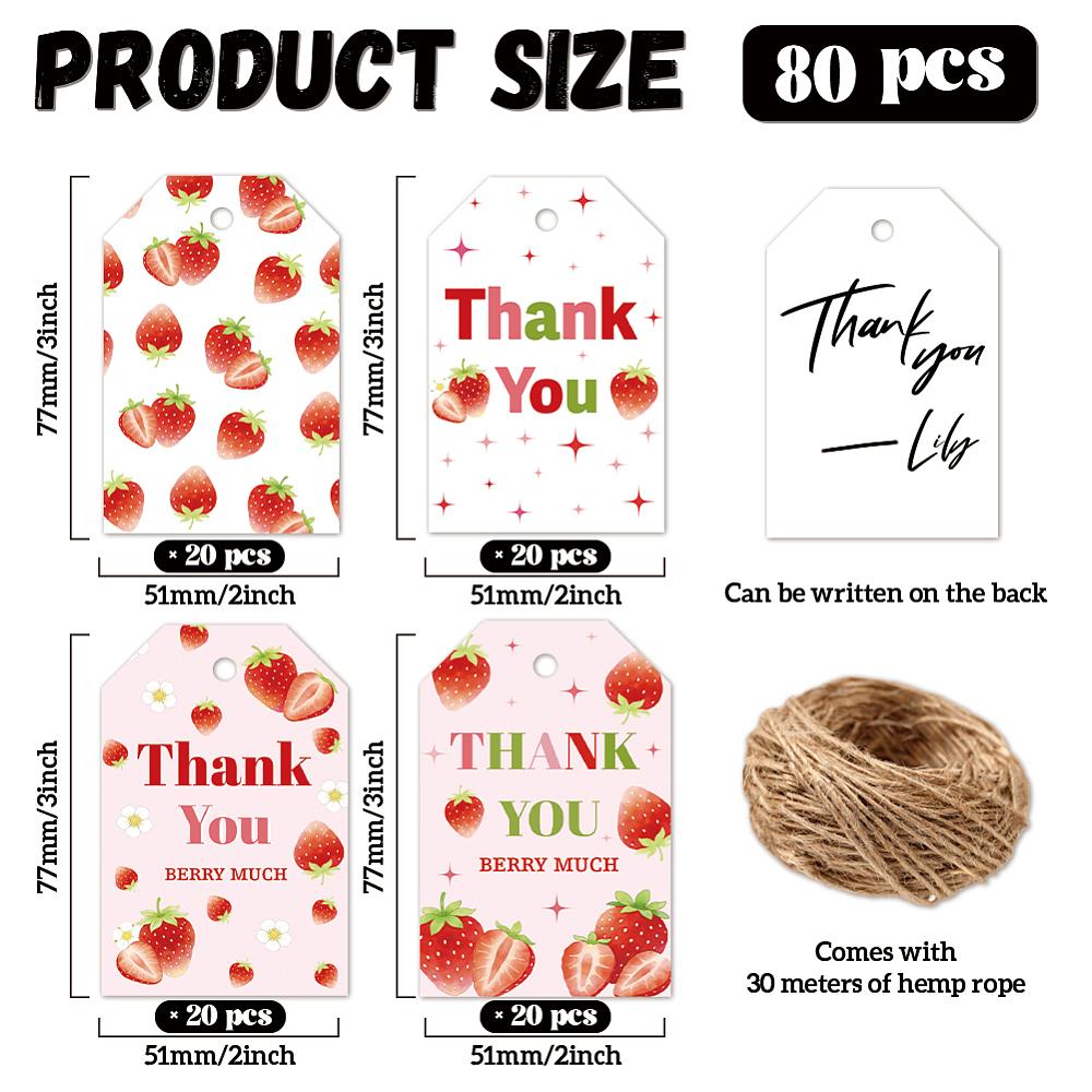 1set 80pcs 4 styles Printed Paper Thank You Gift Tags Rectangle Strawberry 7.7x5.1cm Hole: 5mm 20pcs/style