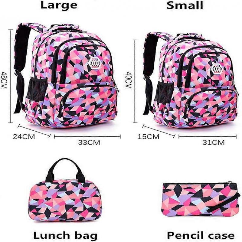 3Pcs Geometric Prints Primary School Student Satchel Backpack Elementary Boys Book Bag School Rucksack for Kids with Lunch Bag Pencil Case Size Large