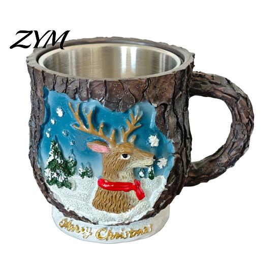 Decorative Beverage Cups Christmas Theme Mug with Stainless Steel Liner, 3D Relief Hand Tree Pattern Holiday Mugs Painted Resin Coffee Cup, Drinkware