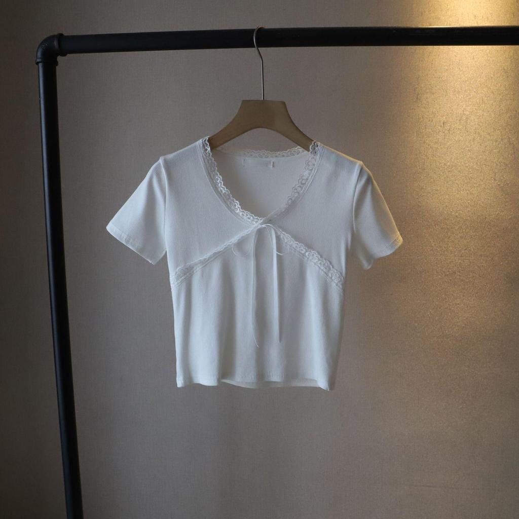 Маленький топ с короткими рукавами и бантом, приталенного силуэта - 2025 корейский стиль, летняя женская мода