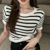 Fashion Short-sleeved Striped Knit Sweater Women Summer Thin Design Sense Slim Top Casual Summer Essential Comfort and Style Slim Fit Pullovers Tees