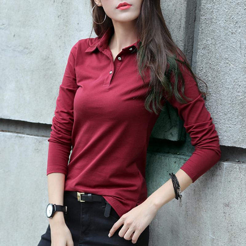 Футболка на пуговицах, женские осенние топы с поворотным воротником, тонкая хлопковая футболка, женская женская одежда с длинными рукавами, футболка Femme