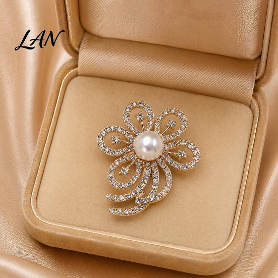 Electroplated Brooch Faux Pearl Rhinestone Flower Brooch, Hollow Floral Lapel Pin for Wedding Bridal Shower, Women Girls Clothing Jewelry Accessories