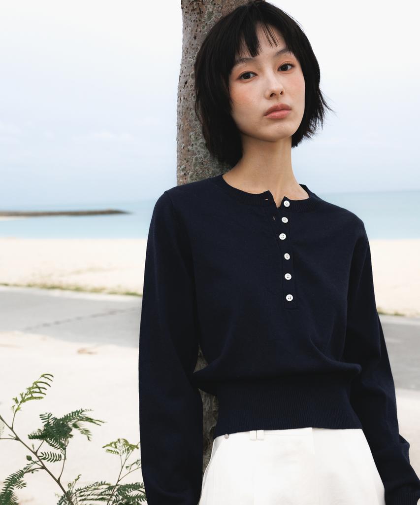 DEHEVE Summer Henley Neck Knit [Navy]